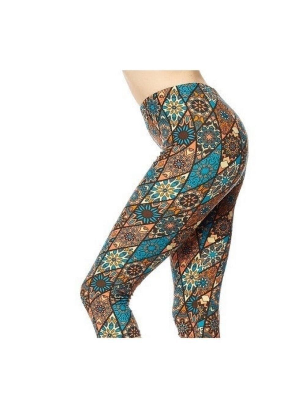 LEGGINGS DEPOT Brown & Teal Abstract Print Full length Leggings Size 10 NWT